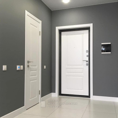 Белая входная дверь с утеплением с заделкой доборами и откосами в подъезд №86